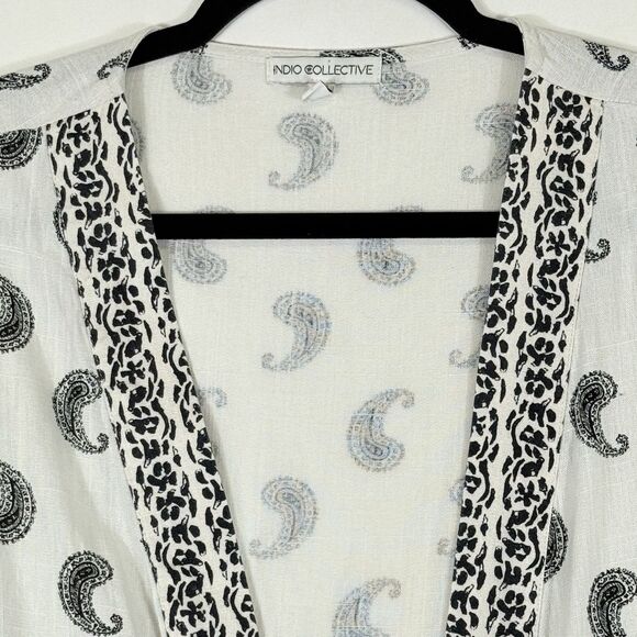 Indio Collective Womens Large Black White Paisley Boho Open Front Shirt Top - Picture 3 of 8